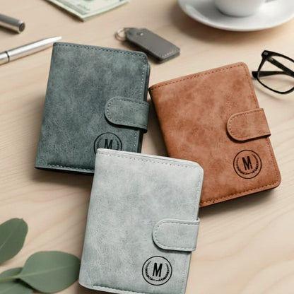 GU-II Men’s Leather Wallet with Button Slim Short Vertical Purse Retro Card Holder for Boys