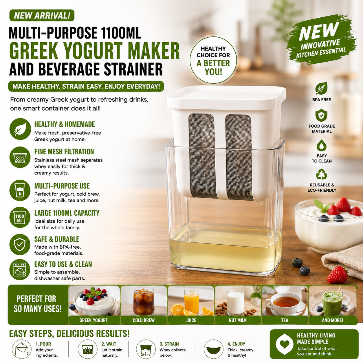 Imported 1100ML Greek Yogurt Maker & Hung Curd Strainer Box with Fine Mesh Filter