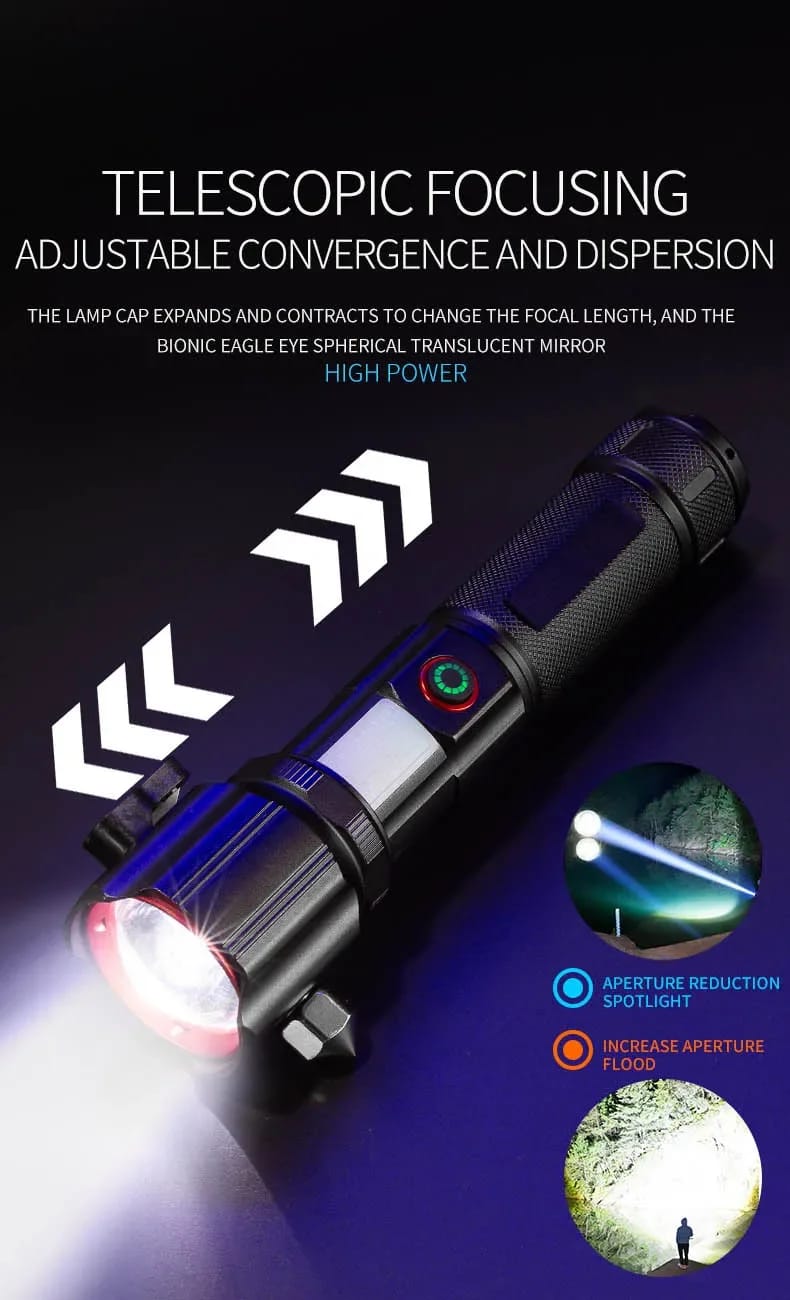 Multi-functional High Power LED Flashlight with Safety Hammer 1KM Range