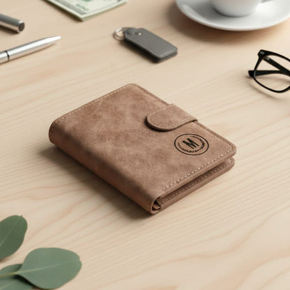 GU-II Men’s Leather Wallet with Button Slim Short Vertical Purse Retro Card Holder for Boys