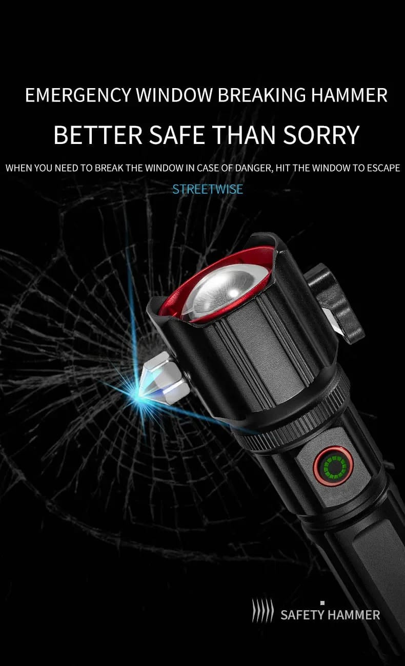 Multi-functional High Power LED Flashlight with Safety Hammer 1KM Range