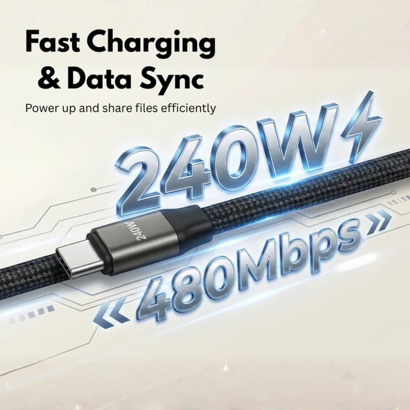 240W Type C to Type C Fast Charging Cable with 360° Aluminum Stand – Ultra Durable USB-C PD Cable