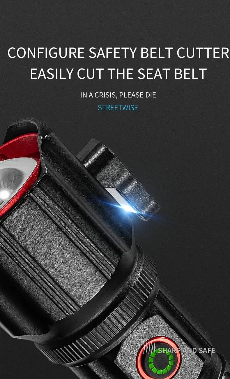 Multi-functional High Power LED Flashlight with Safety Hammer 1KM Range