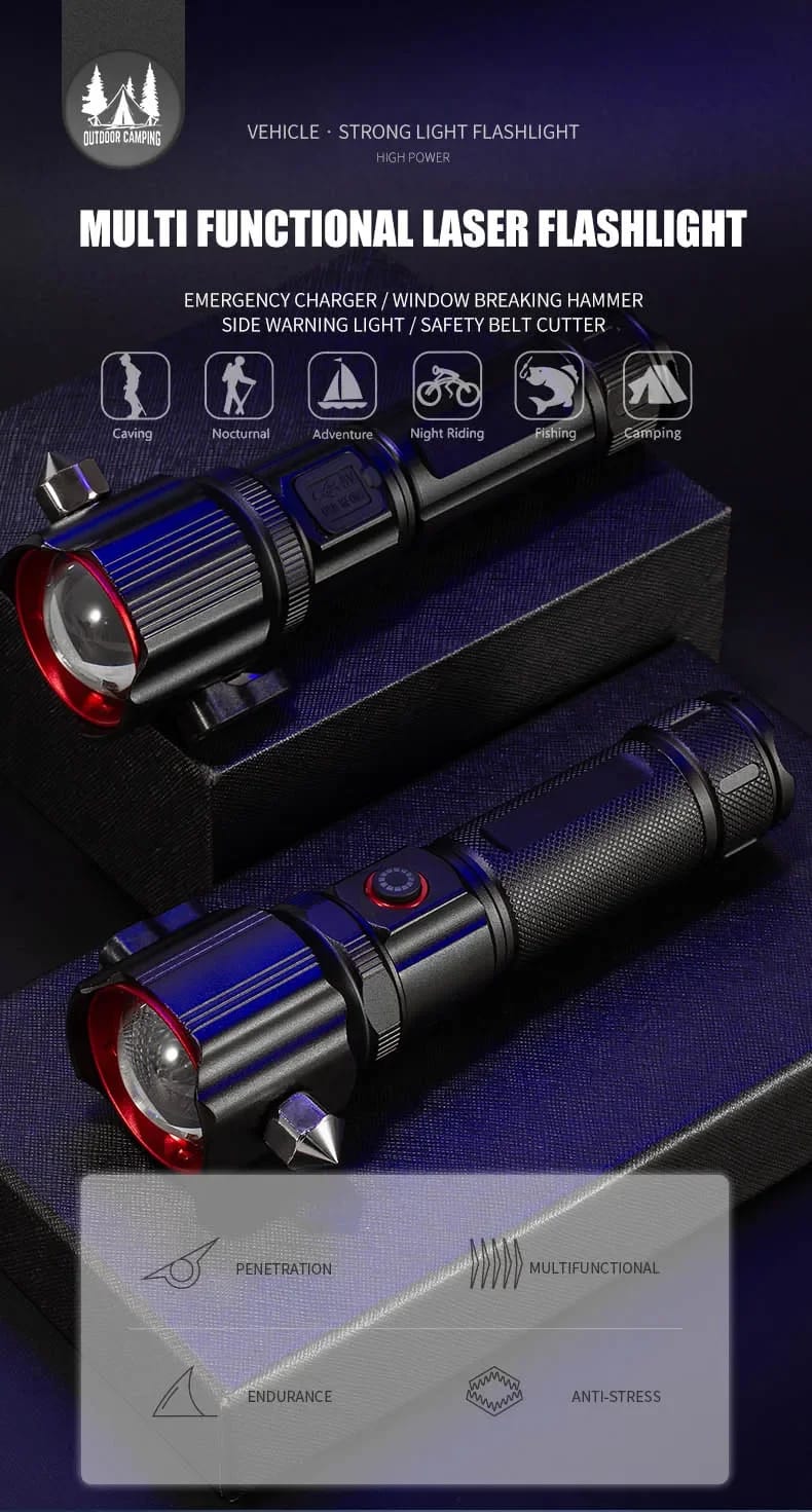 Multi-functional High Power LED Flashlight with Safety Hammer 1KM Range