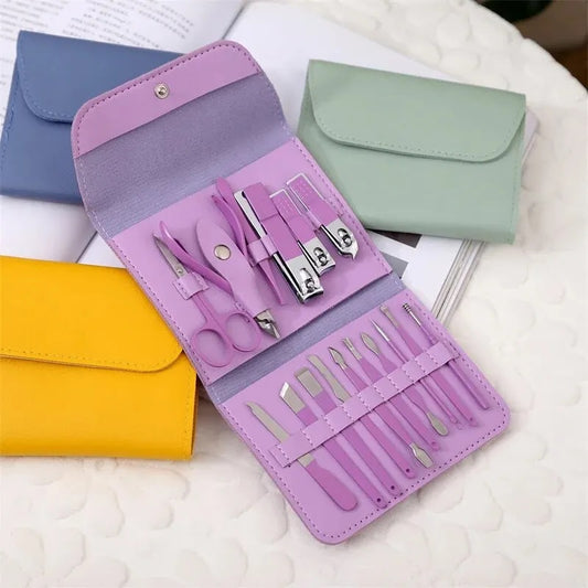 16 PCS Professional Stainless Steel Nail Clipper Manicure Pedicure Set with Leather Case