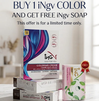 INGV hair color cream packaging with a free soap offer on a marble surface.