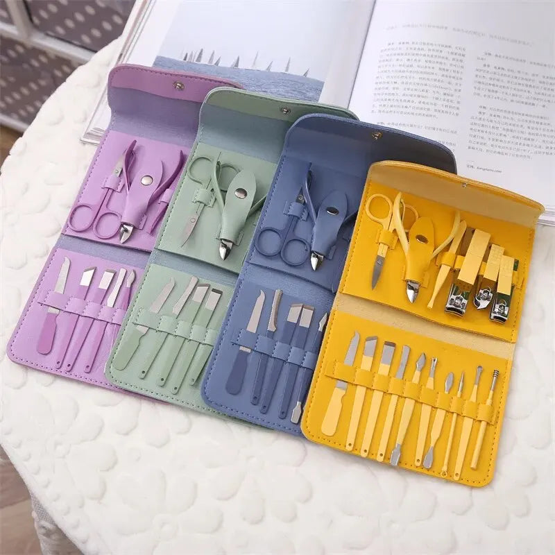 16 PCS Professional Stainless Steel Nail Clipper Manicure Pedicure Set with Leather Case