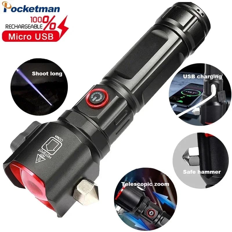 Multi-functional High Power LED Flashlight with Safety Hammer 1KM Range