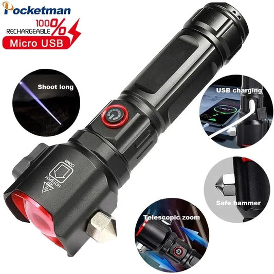 Multi-functional High Power LED Flashlight with Safety Hammer 1KM Range