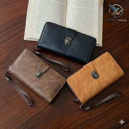 Balenberry Long Wallet for Men – PU Leather Zipper Wrist Clutch 11 Cards Metal Clasp