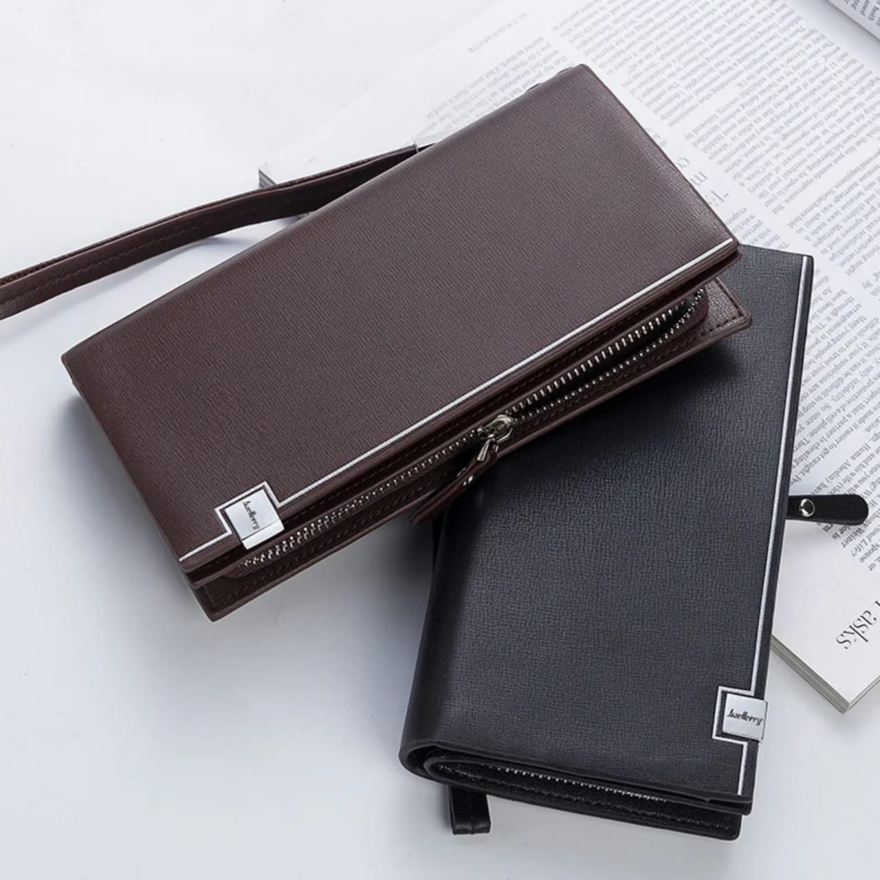 Balenberry Men's Premium Black Long Wallet PU Leather Zipper Wrist Strap