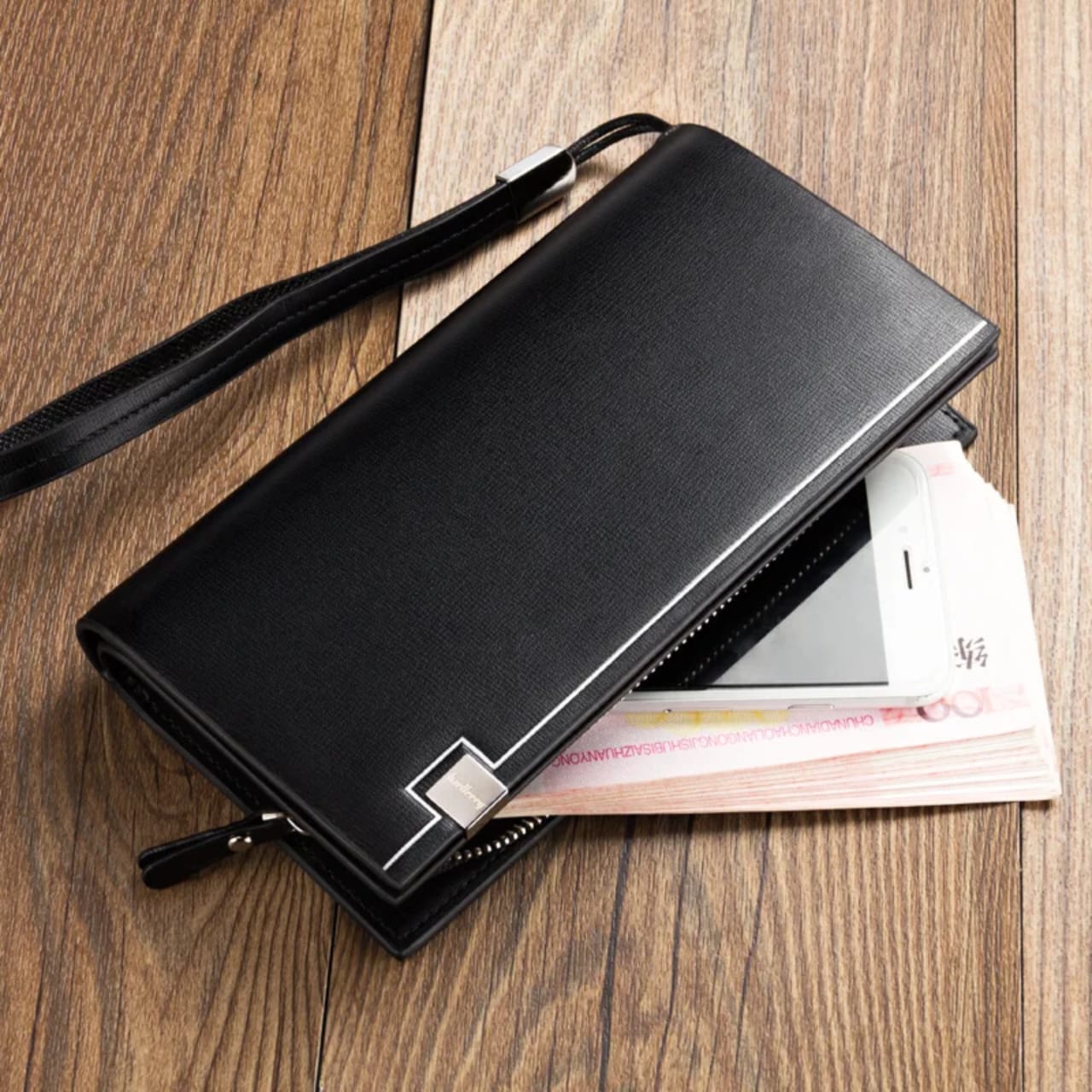 Balenberry Men's Premium Black Long Wallet PU Leather Zipper Wrist Strap
