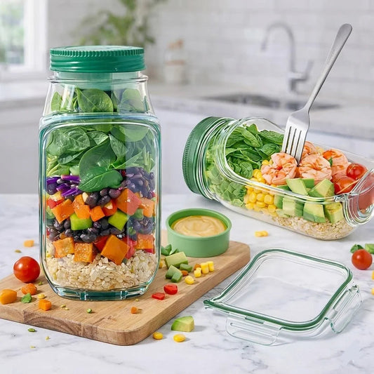 Salad Jar Lunch Box with Side Opening & Sauce Container Meal Prep Pod