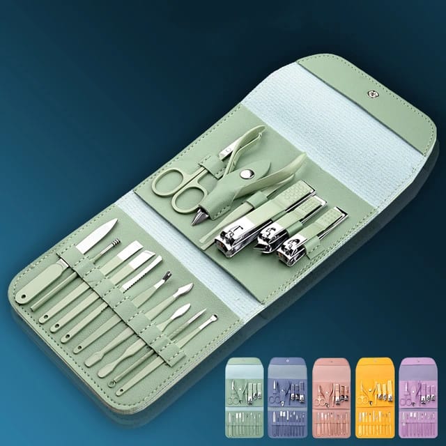 16 PCS Professional Stainless Steel Nail Clipper Manicure Pedicure Set with Leather Case