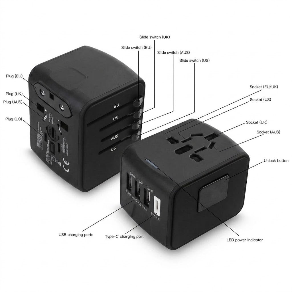 35W Universal Travel Adapter With 4 Port (3 USB A + 1 USB C)