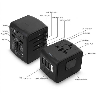 35W Universal Travel Adapter With 4 Port (3 USB A + 1 USB C)