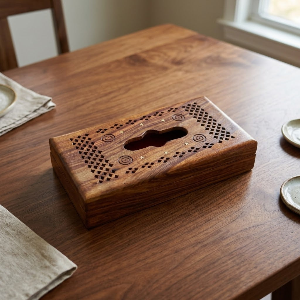 Handcrafted Wooden Tissue Box Cover Carved Rustic Facial Tissue Holder for Home & Office Decor