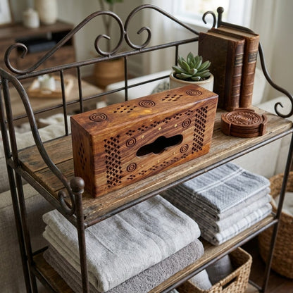 Handcrafted Wooden Tissue Box Cover Carved Rustic Facial Tissue Holder for Home & Office Decor