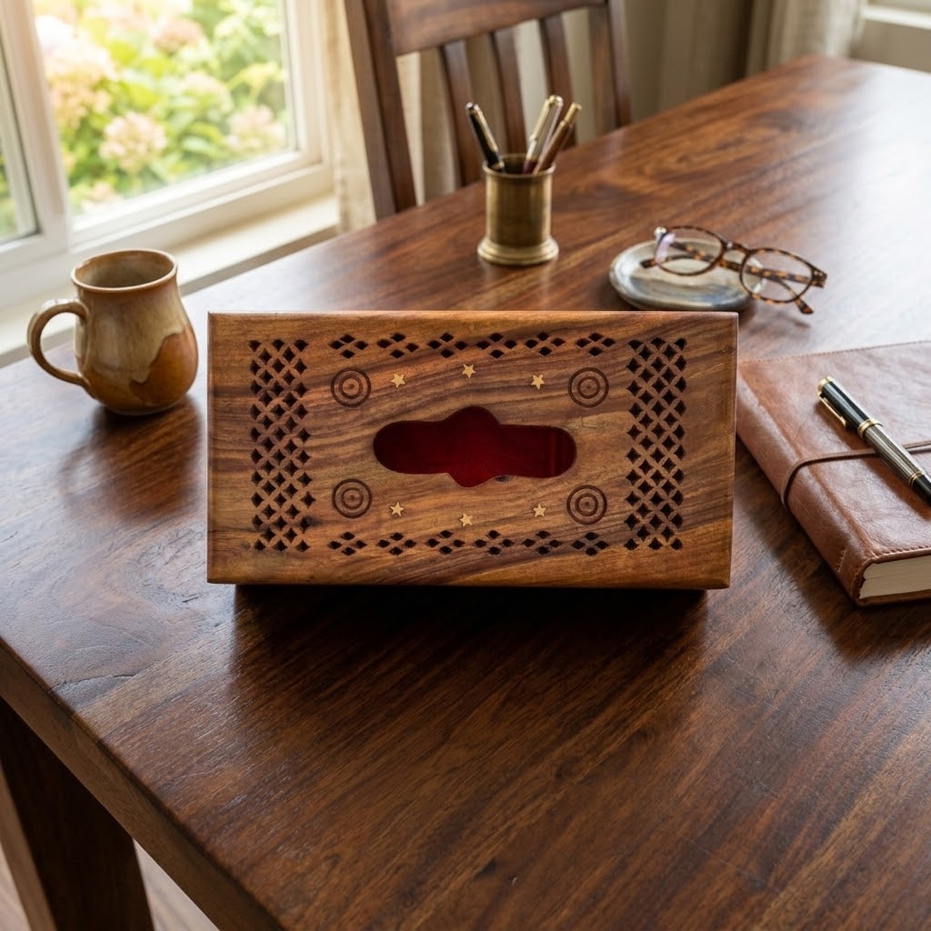 Handcrafted Wooden Tissue Box Cover Carved Rustic Facial Tissue Holder for Home & Office Decor