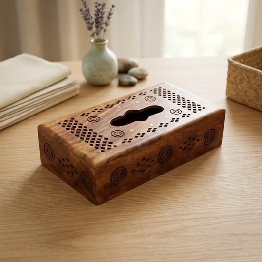 Handcrafted Wooden Tissue Box Cover Carved Rustic Facial Tissue Holder for Home & Office Decor